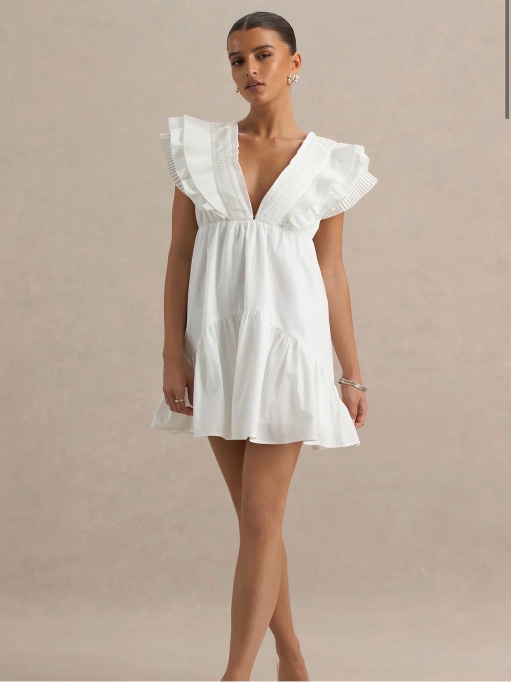 Club L London White Pleated Ruffle V-Neck Dress